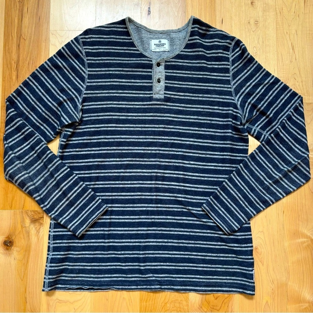 Reigning Champ Long Sleeve Striped Henley in Heather Blue/Gray
